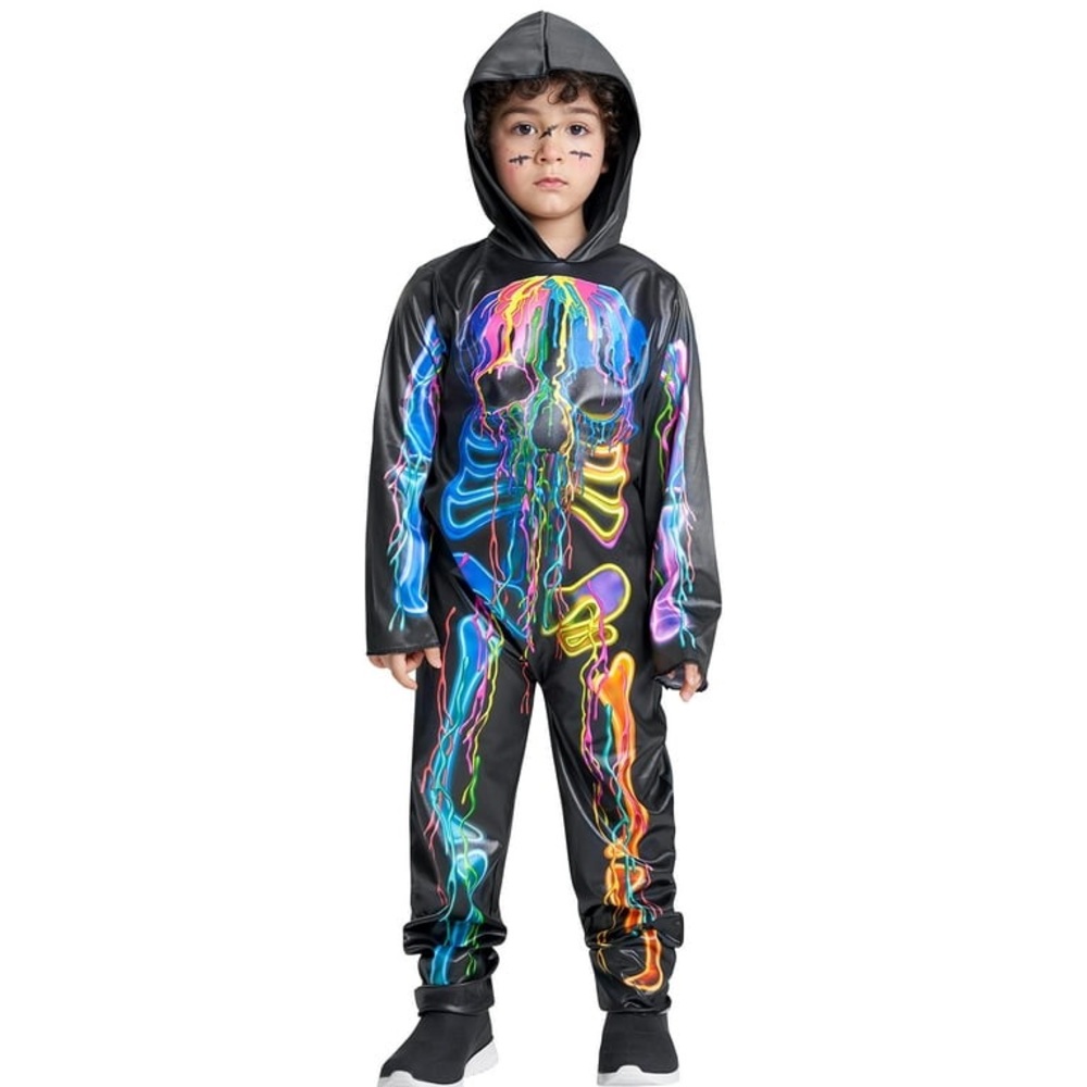 IKALI Large 10-12Y Boys Skeleton Costume, Colorful Bones Jumpsuit Bodysuit Hood